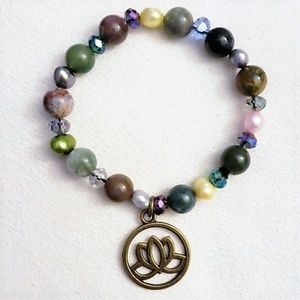 Indian Agate/Pearl & Bronze Lotus Stretch Bracelet